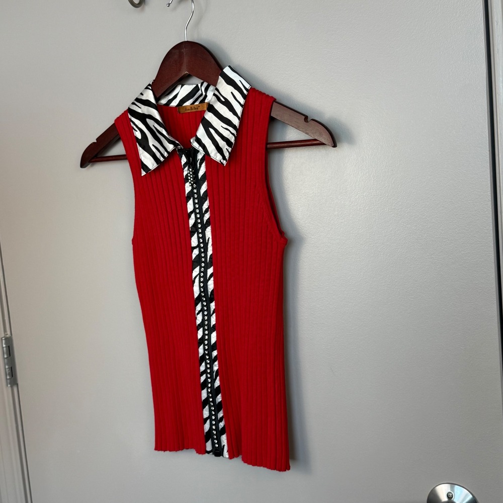 Y2K Belldini Ribbed Zip Top‎ Women's Small Red Zebra Collar Rhinestone - Picture 4 of 7